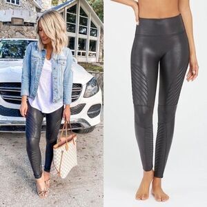 Spanx black faux leather moto‎ leggings size large petite rocker edgy grunge